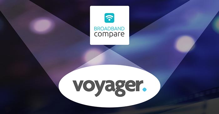 Spotlights shining on Voyage Broadband logo